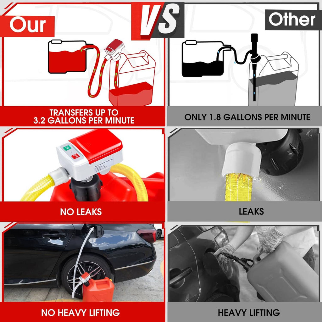 Red fuel transfer pump with nozzle and yellow hose for spill-resistant fueling