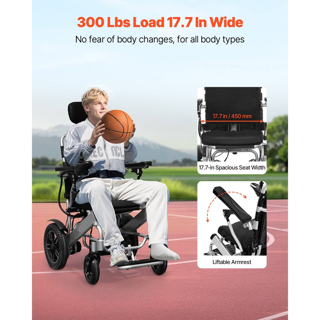 Electric power wheelchair with black seat and backrest on four large tires.
