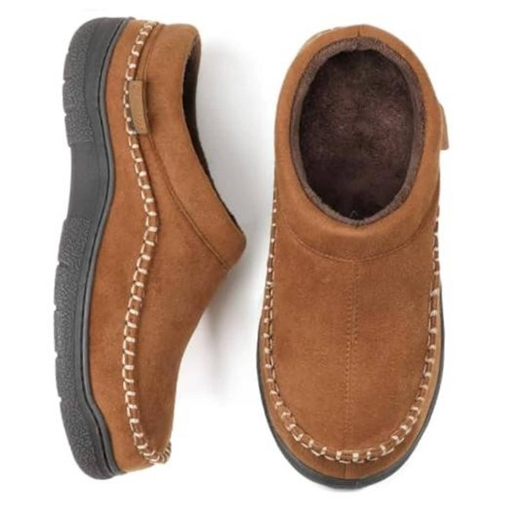 Men's tan suede slip-on moccasin slippers with dark gray rubber outsole