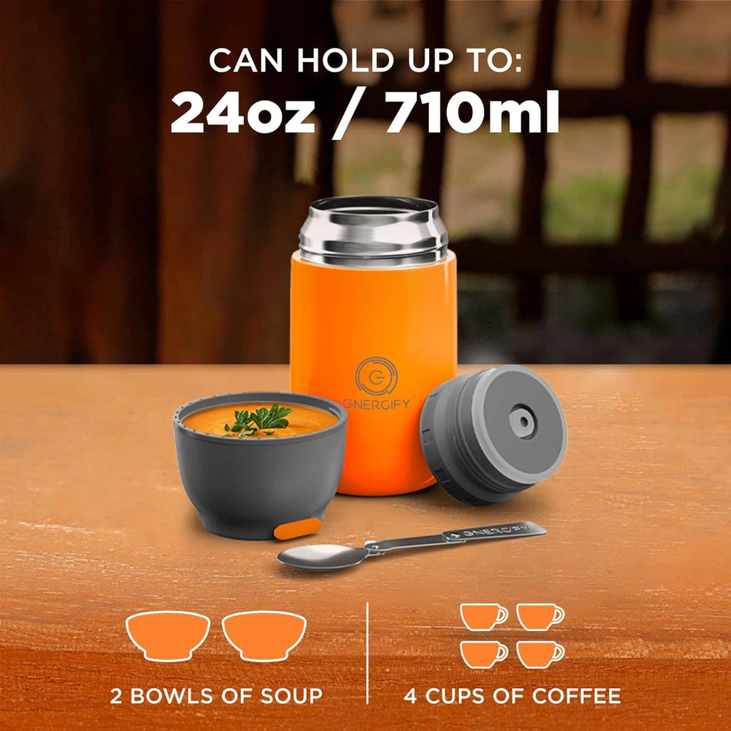 Orange vacuum insulated food jar with wide mouth lid and folding spoon