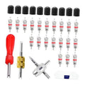 Tire valve core repair kit with black caps, metal valve cores, red handle wrench, and tools