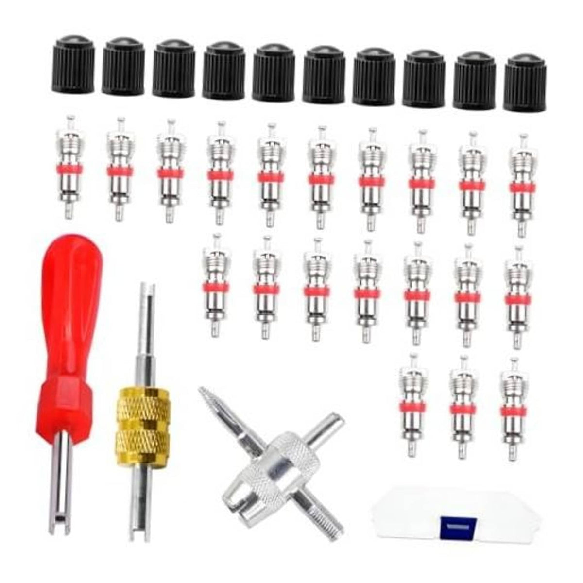 Tire valve core repair kit with black caps, metal valve cores, red handle wrench, and tools