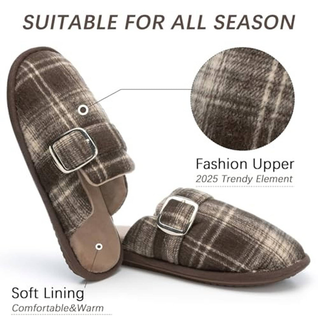 Brown and beige plaid fuzzy slide slippers with adjustable buckle strap and cushioned sole