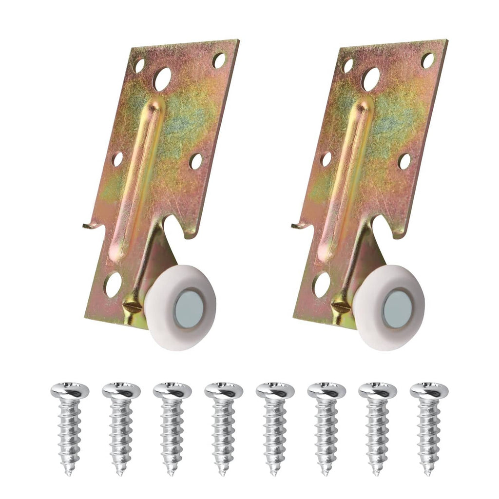 Steel drawer track roller bracket with plastic gray wheel, gold finish