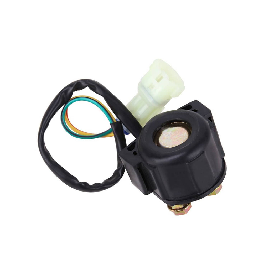 Starter relay solenoid with black circular sensor cover, white connectors, and wiring