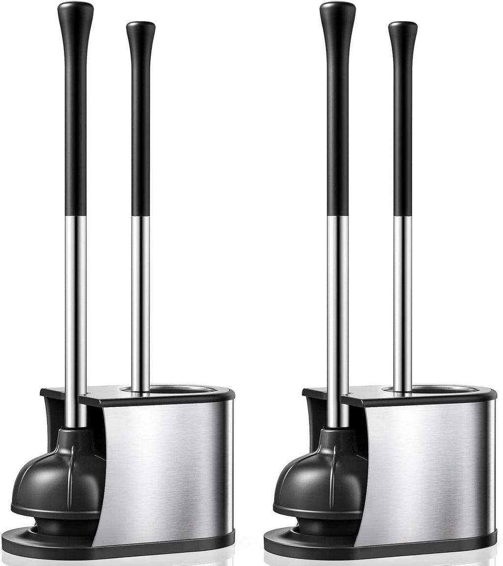 2-pack toilet plunger and brush set with brushed silver holders and black handles