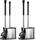 2-pack toilet plunger and brush set with brushed silver holders and black handles