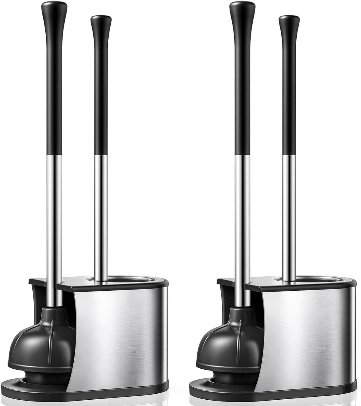 2-pack toilet plunger and brush set with brushed silver holders and black handles