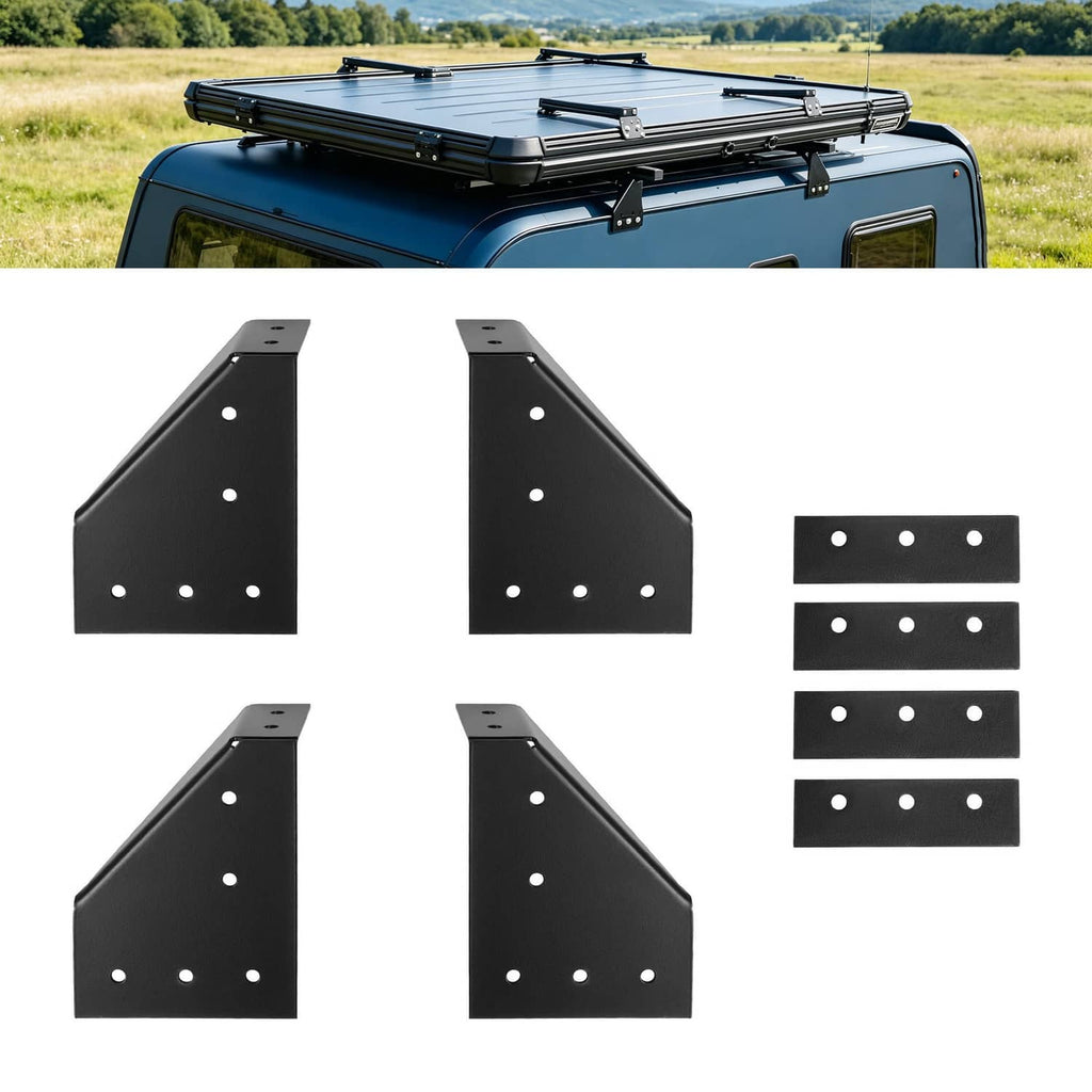Black roof rack side-mount bracket set, several triangular pieces with hole patterns