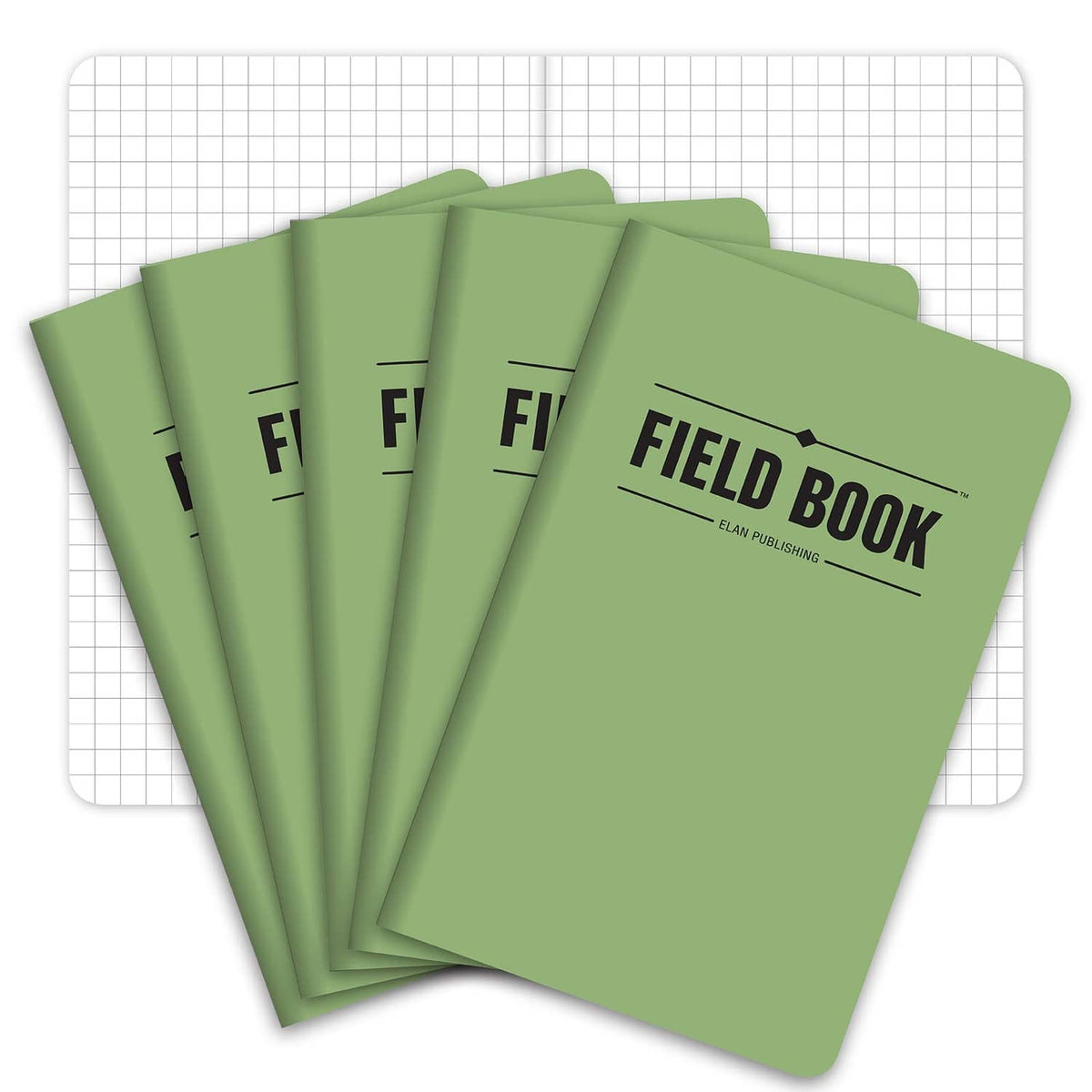 Set of five green Field Book memo notebooks with Field Book cover design