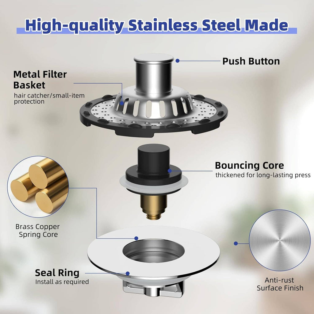 Stainless steel bathtub drain hair catcher stopper with push-button top and black filter base