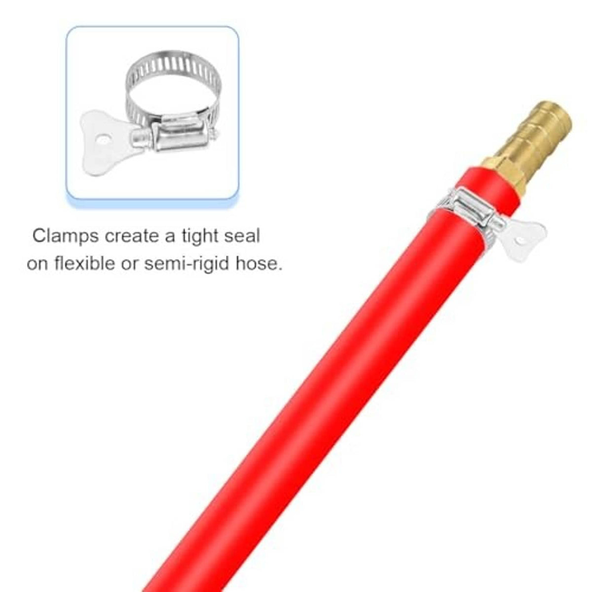 Brass barbed hose connector on red hose with metal clamp