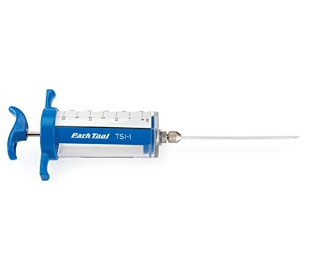 Blue sealant injector with side handles, metal coupler, and clear barrel