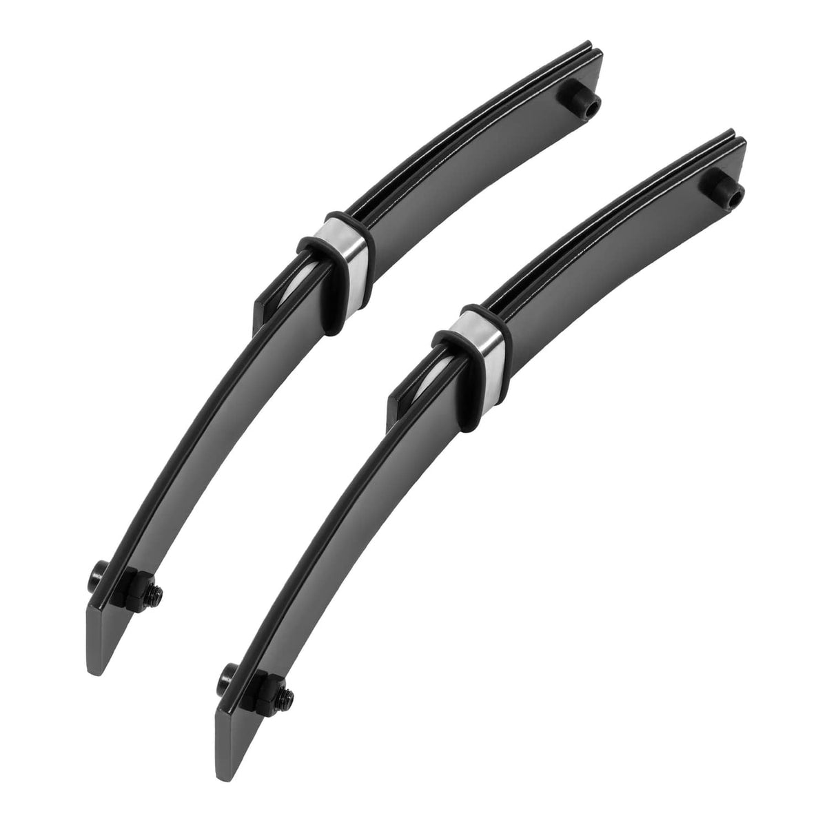 Curved black leaf springs with mounting feet and gray metal retaining clips