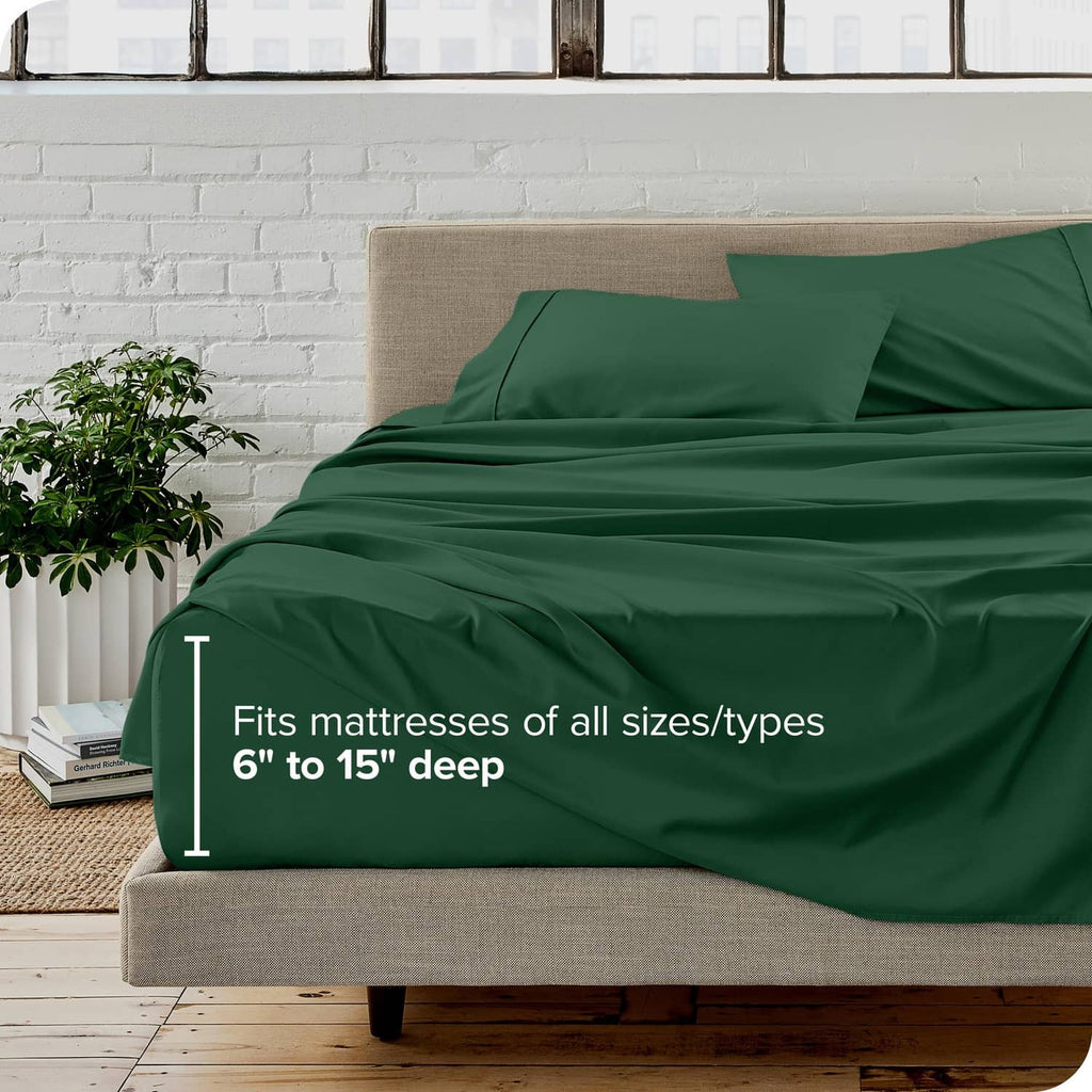 Forest green twin fitted sheet on mattress, bed-ready coverage