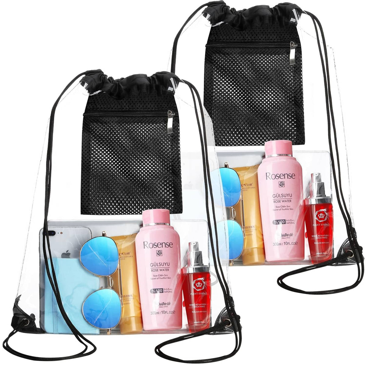 Black clear drawstring bag set with front mesh pocket and two drawstrings