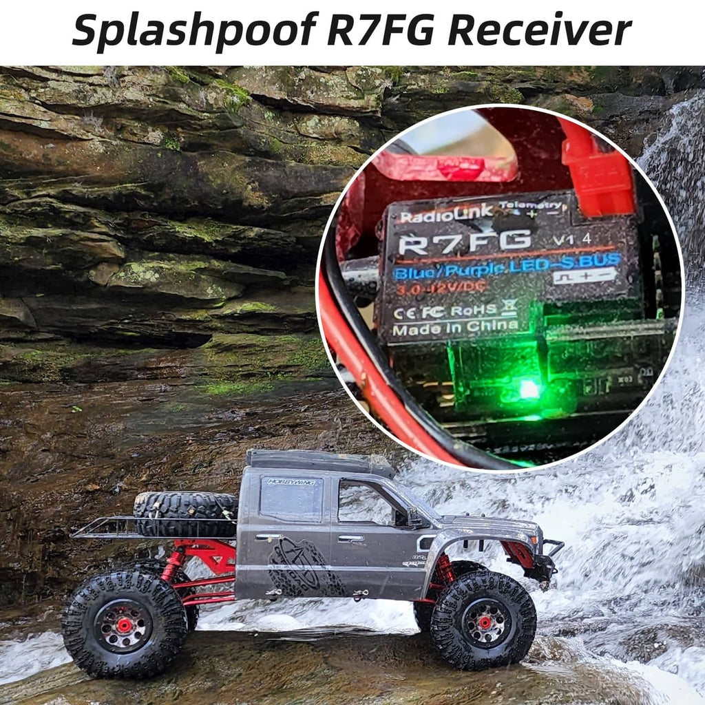 Splashproof RC gyro receiver module with green-lit PCB close-up inset