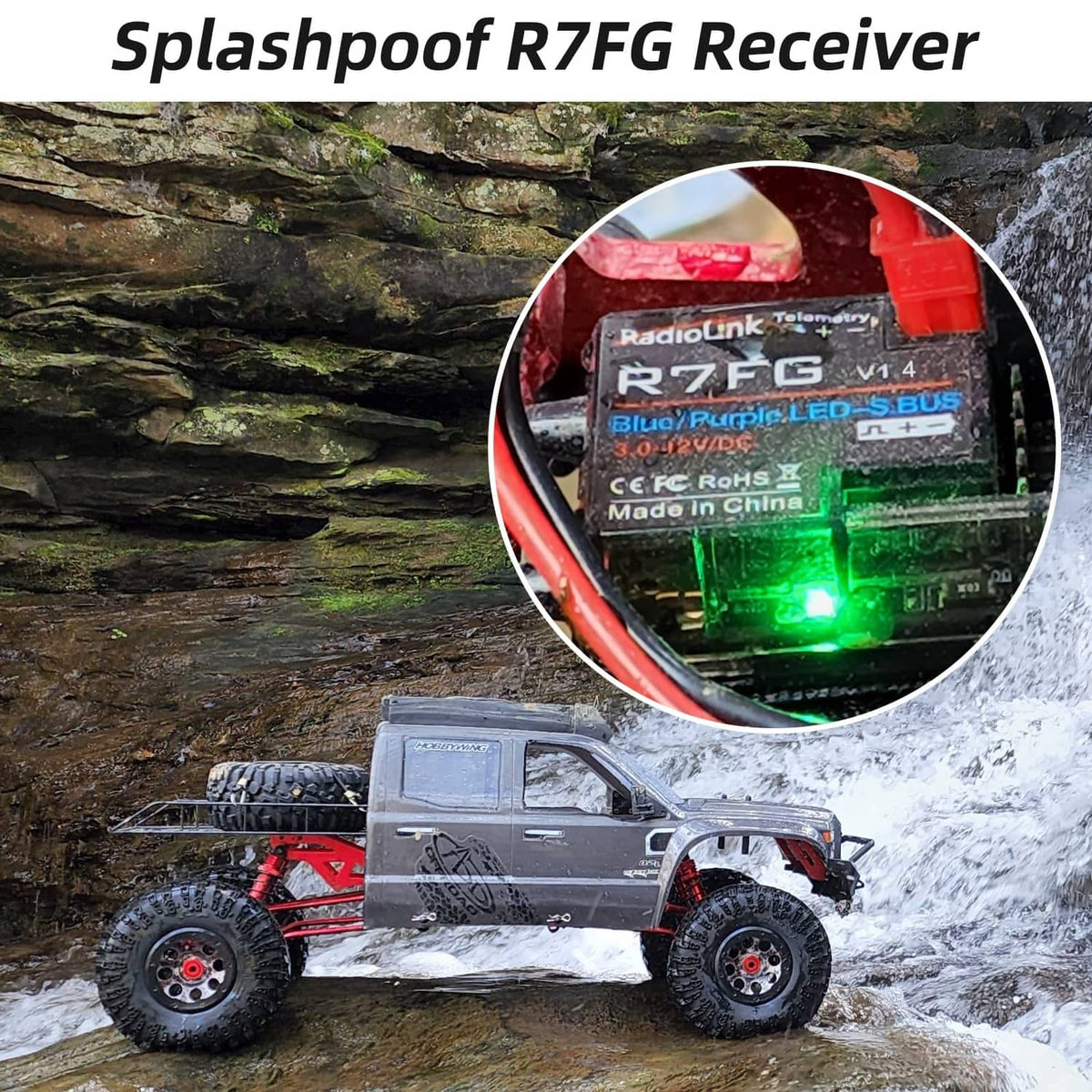 Splashproof RC gyro receiver module with green-lit PCB close-up inset