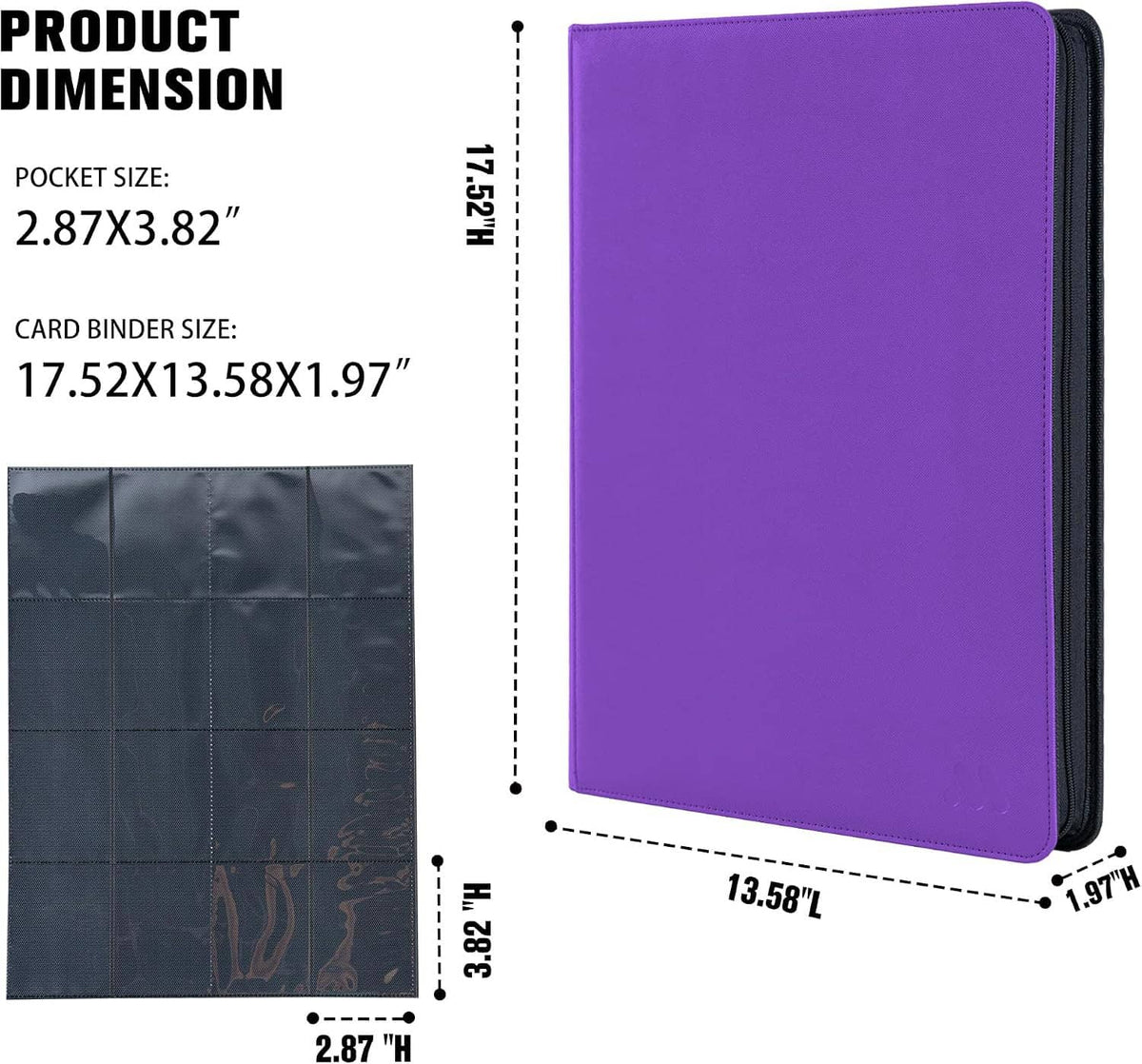 Purple card binder front with black spine, shown with pocket and binder size measurements