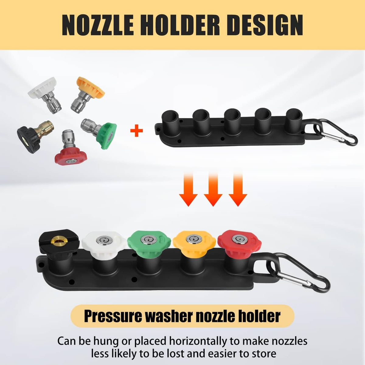 Black nozzle holder rack with multiple color pressure washer nozzle tips