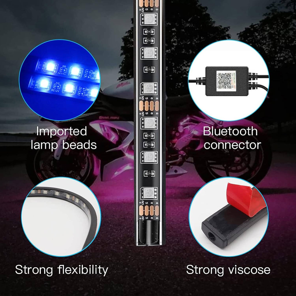 Bluetooth-connected motorcycle LED underglow strip with visible LED beads