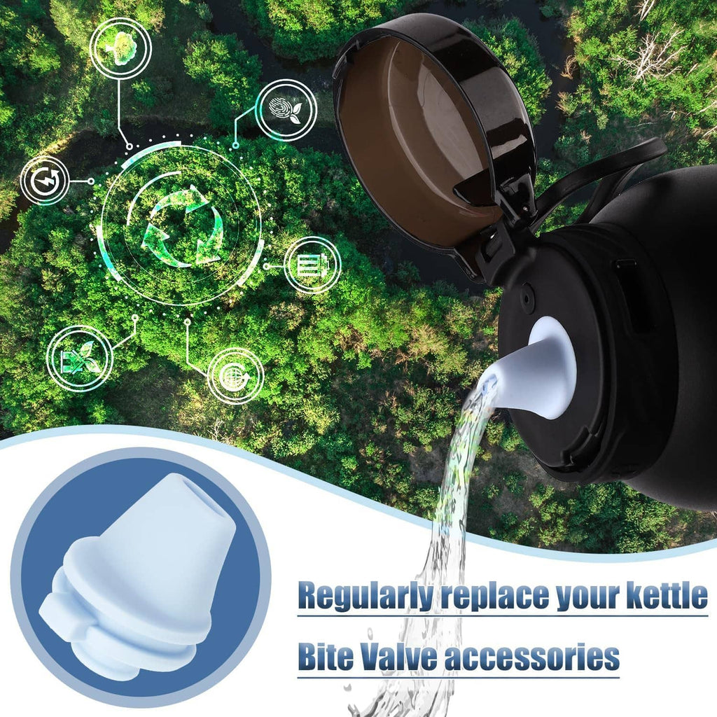 Black water bottle with light blue bite valve spout pouring water and replacement valve