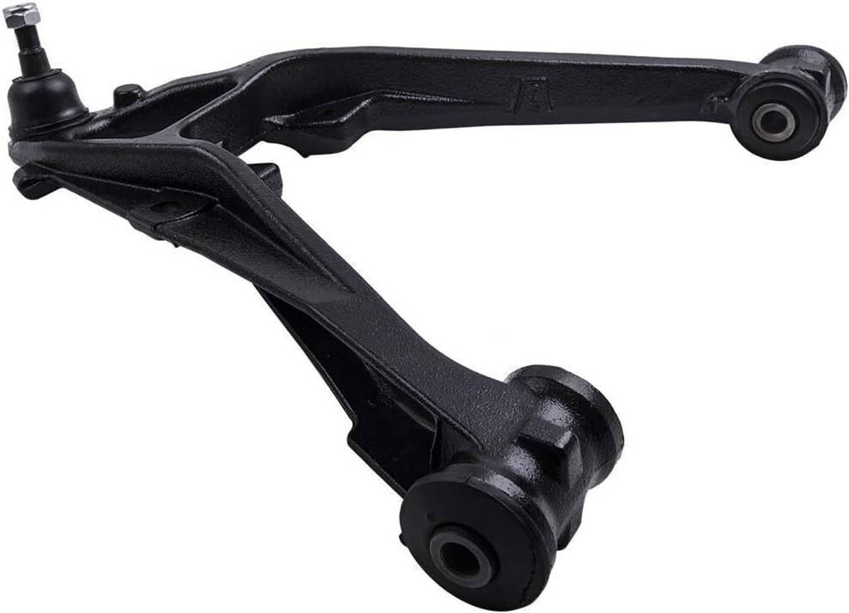 Single black front control arm with ball joint ends and mounting bushing, steel