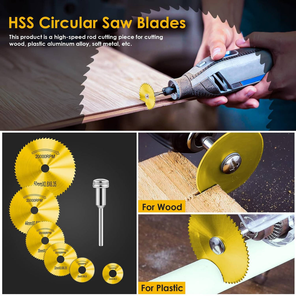 Yellow HSS circular cutting blade disc mounted on a rotary tool for cutting work