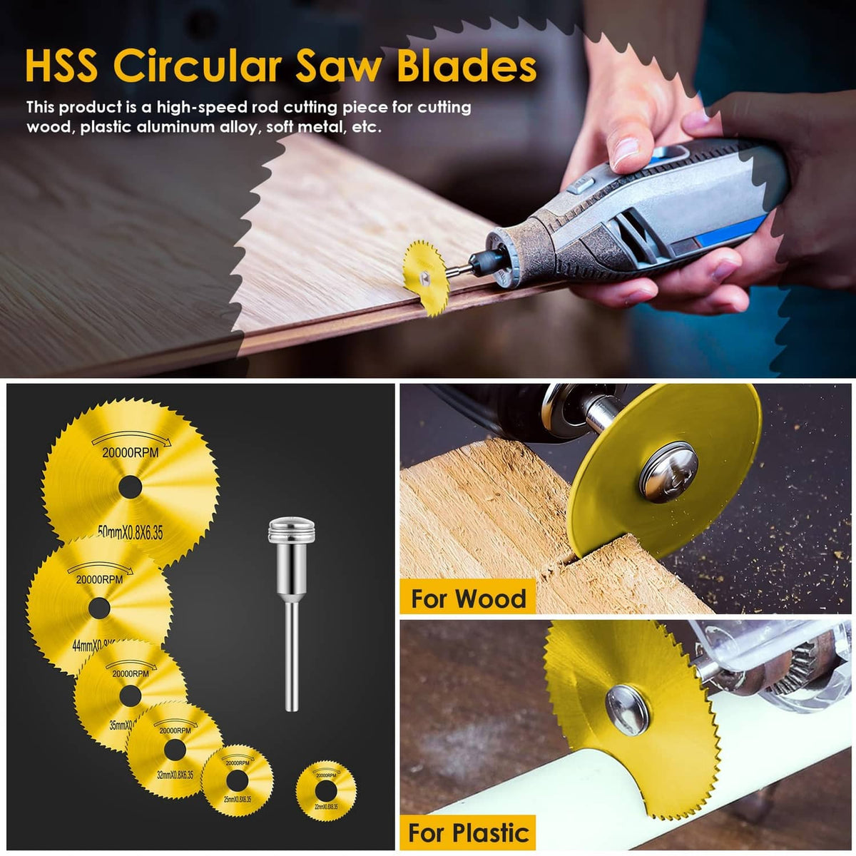 Yellow HSS circular cutting blade disc mounted on a rotary tool for cutting work