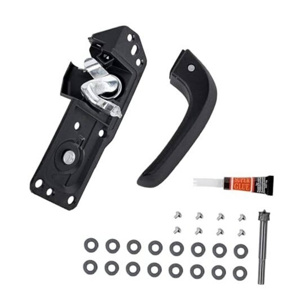 Black inside door handle with mounting bracket and metal latch spring mechanism