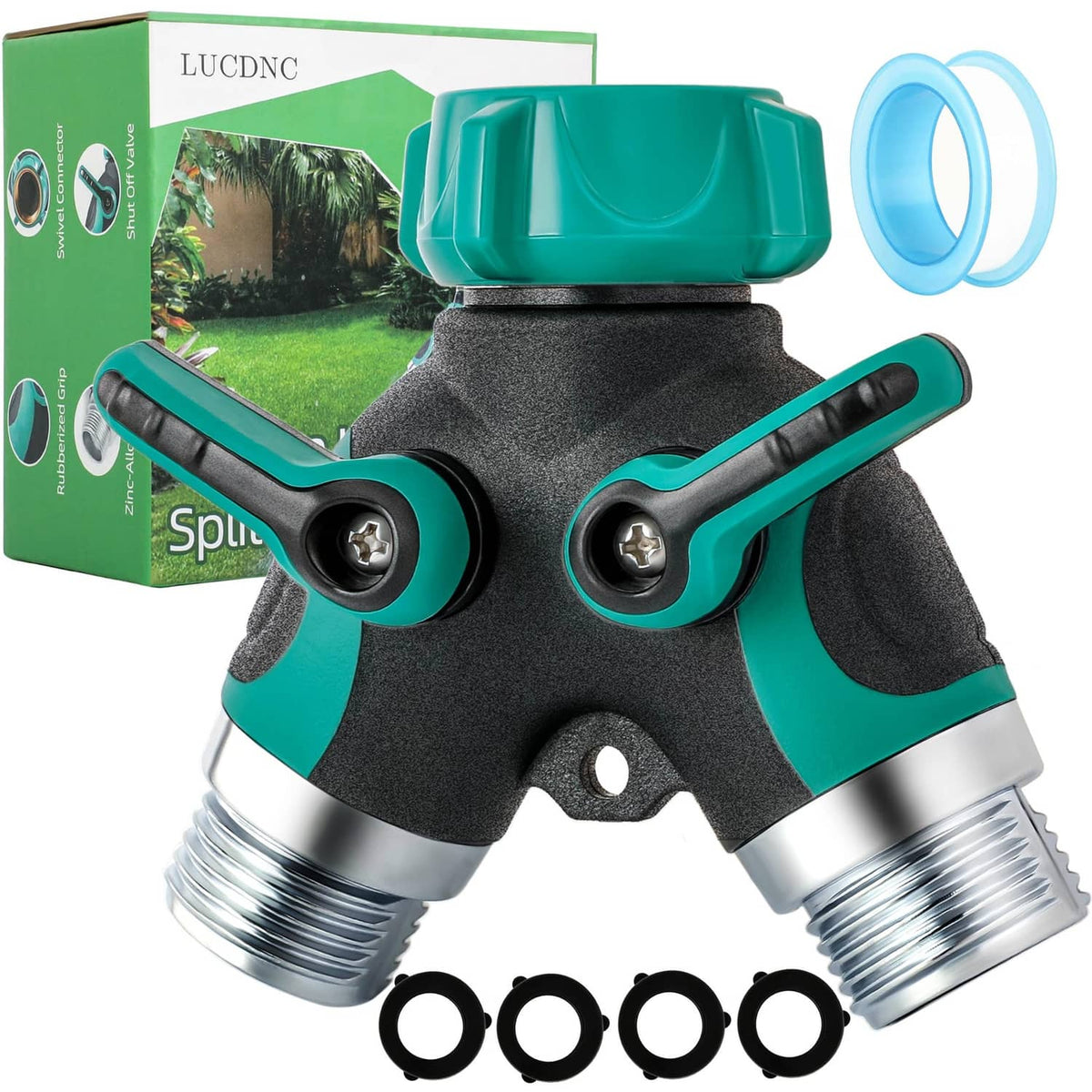 2-way garden hose splitter with green top, black rubber grip, two 3/4 in threaded outlets