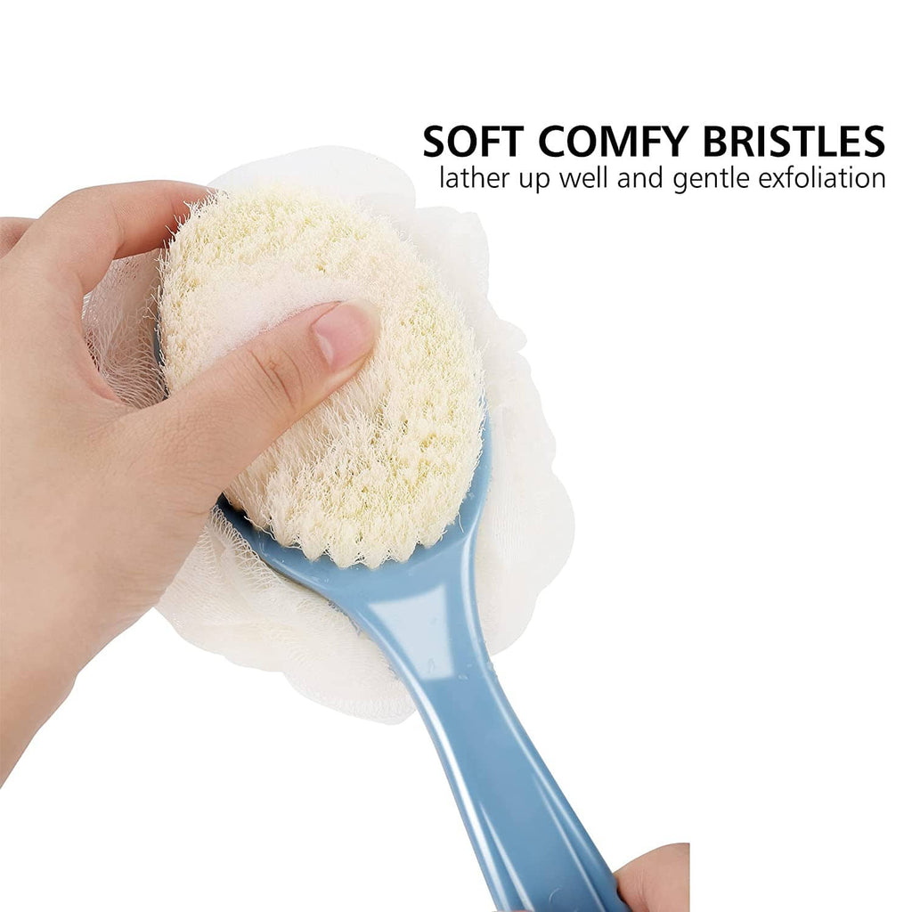Shower body brush with soft exfoliating bristles on a blue handle and white loofah head