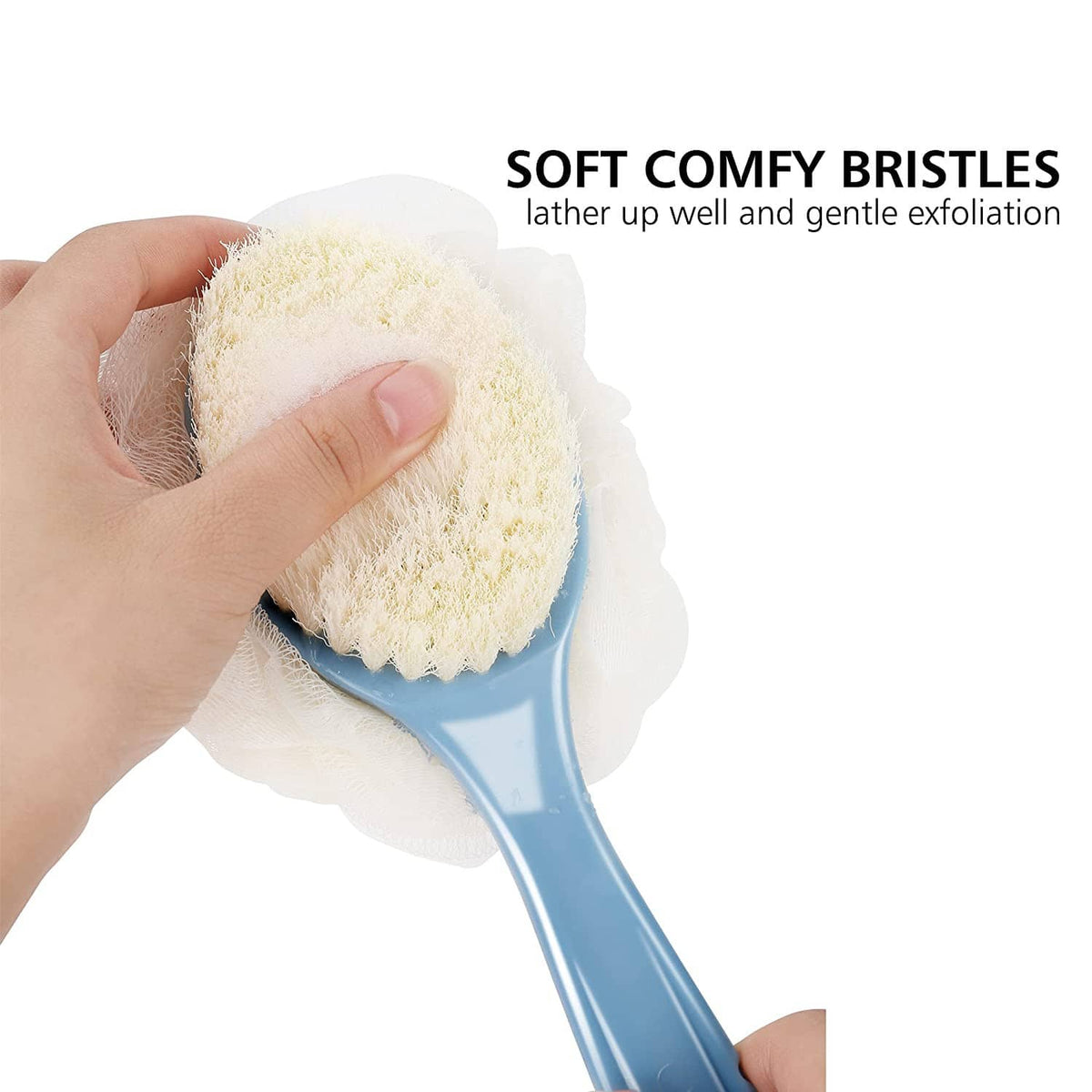 Shower body brush with soft exfoliating bristles on a blue handle and white loofah head