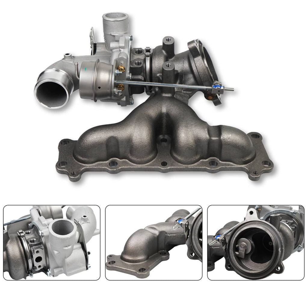Turbocharger with silver intake housing and gray exhaust manifold with mounting hardware