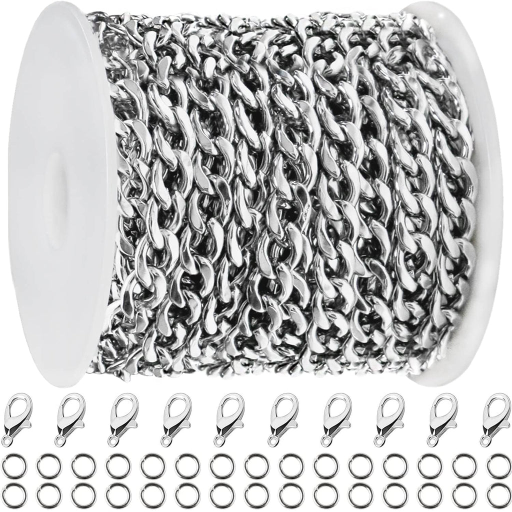 Silver Cuban link chain roll with tightly linked oval links, shown on a spool