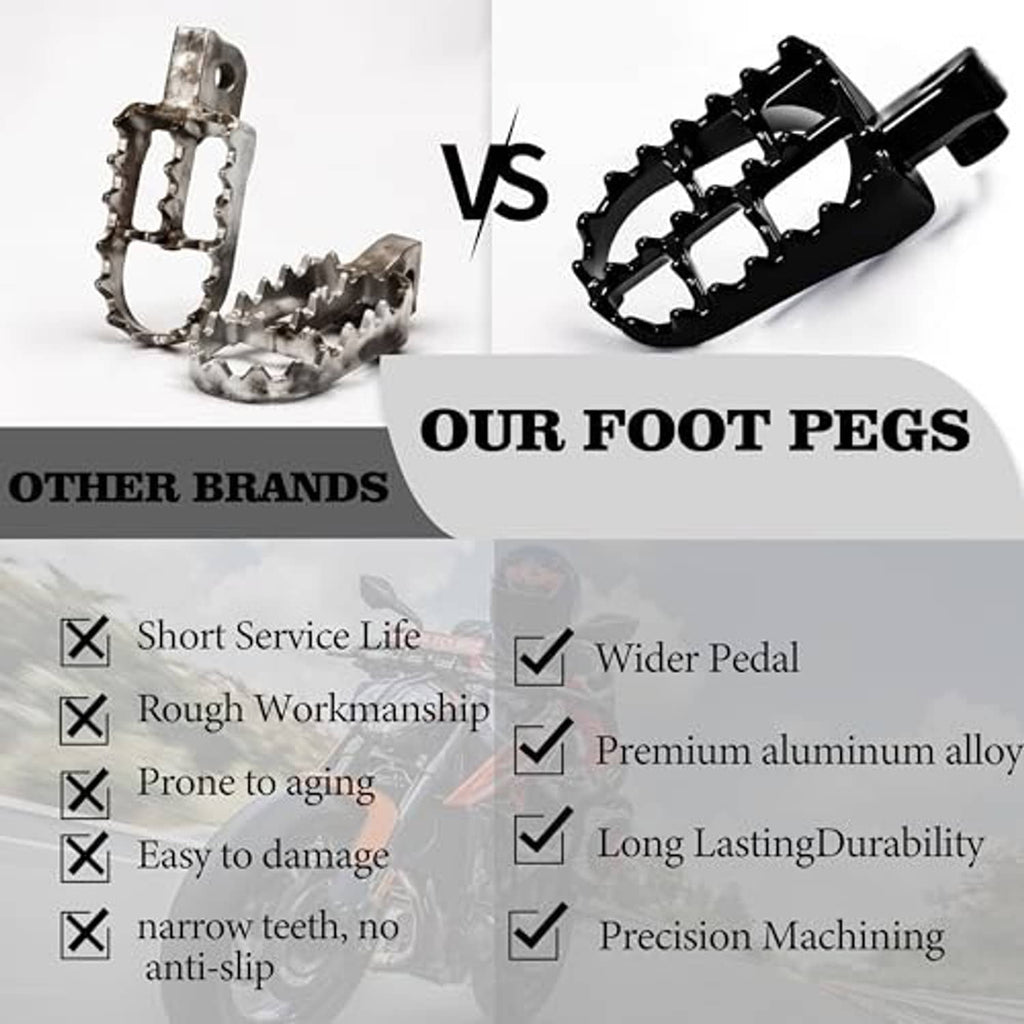 Black off-road foot pegs with anti-slip teeth and metal mounting bracket
