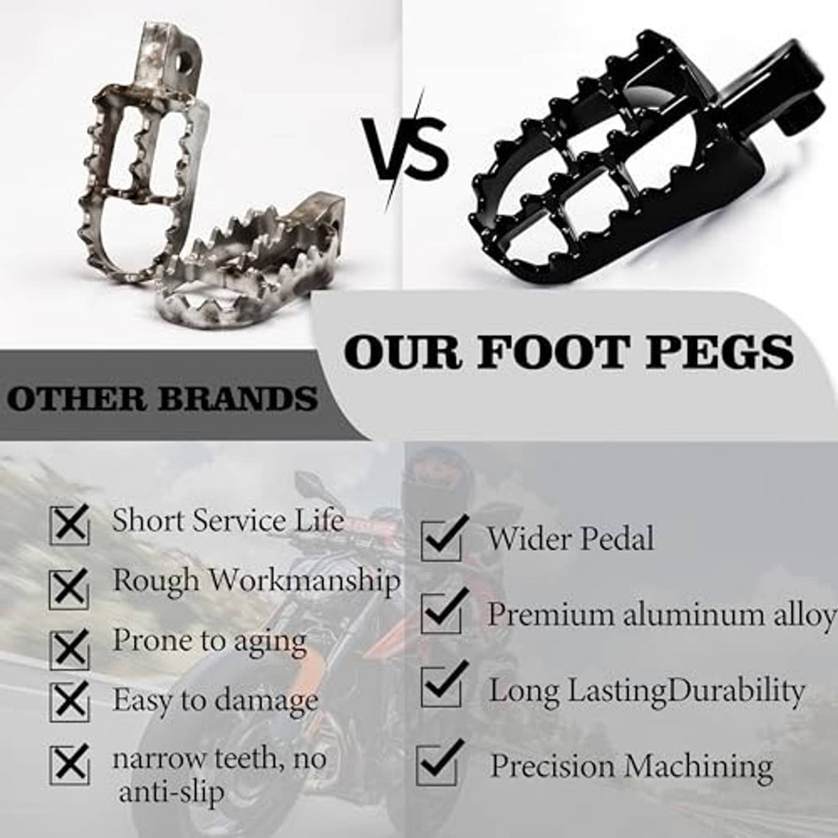 Black off-road foot pegs with anti-slip teeth and metal mounting bracket