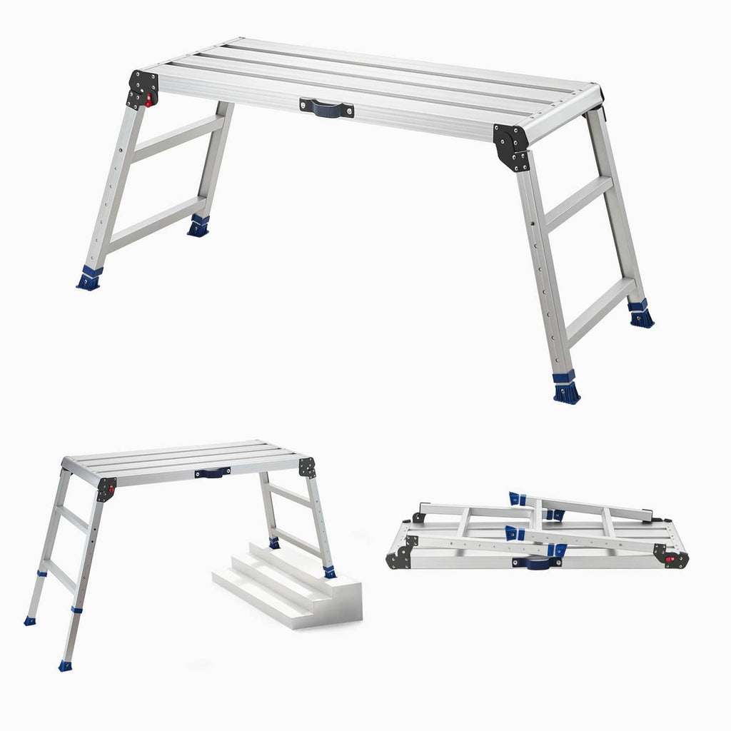 Adjustable folding work platform with blue non-slip feet and aluminum frame