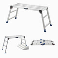 Adjustable folding work platform with blue non-slip feet and aluminum frame