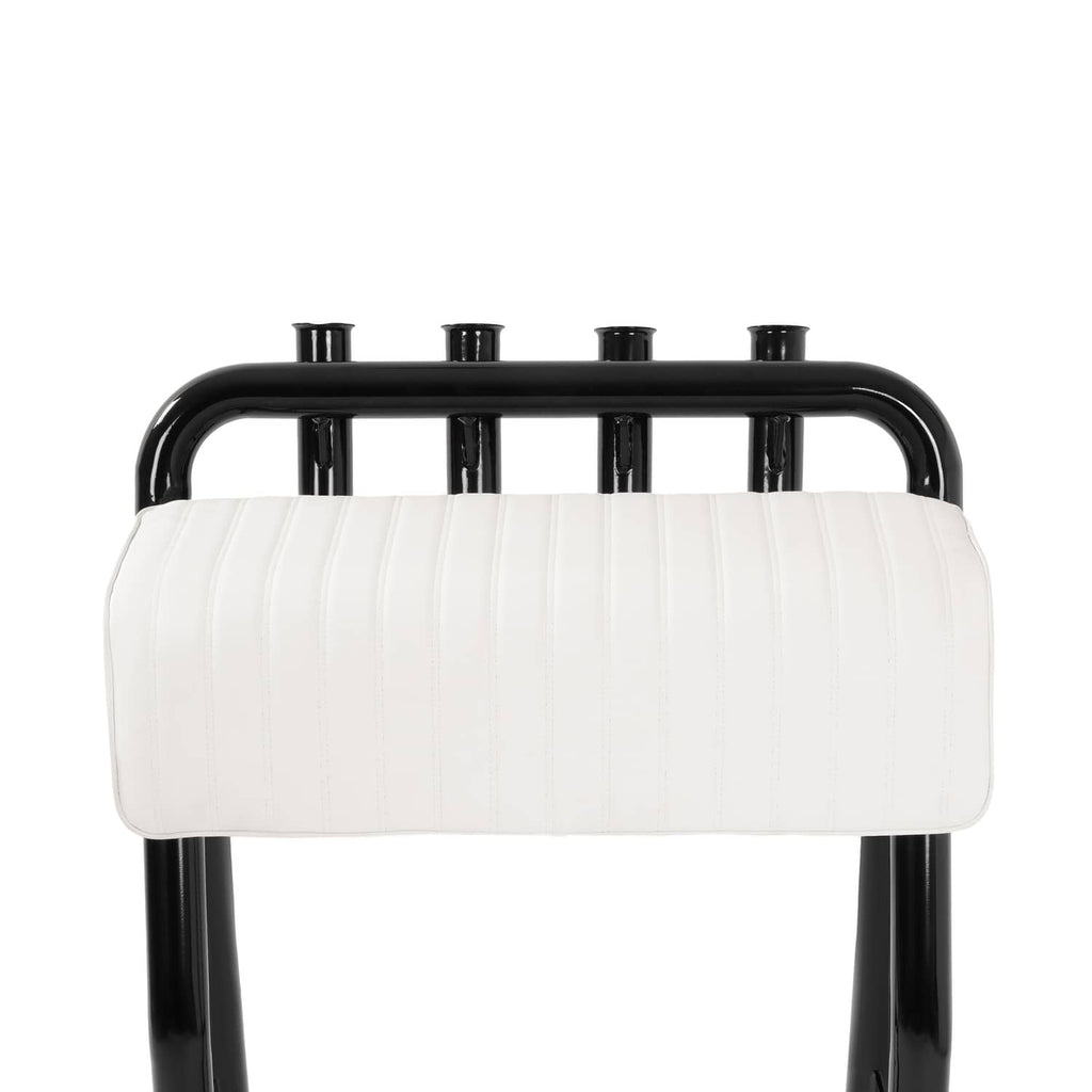 Leaning post boat seat with white cushion and black frame, four rod holders (front view)