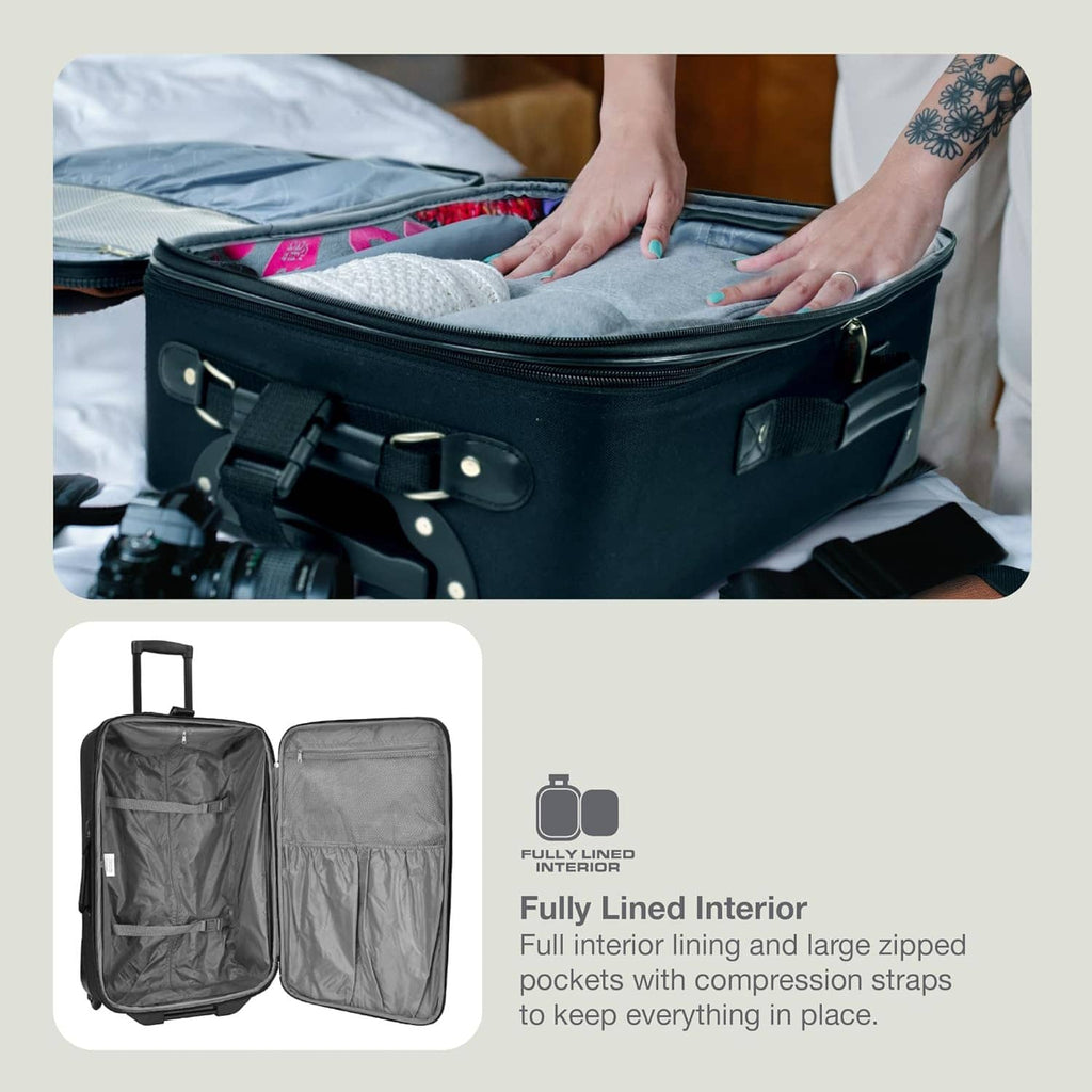 Orange and black softside carry-on luggage open with lined interior pockets and straps