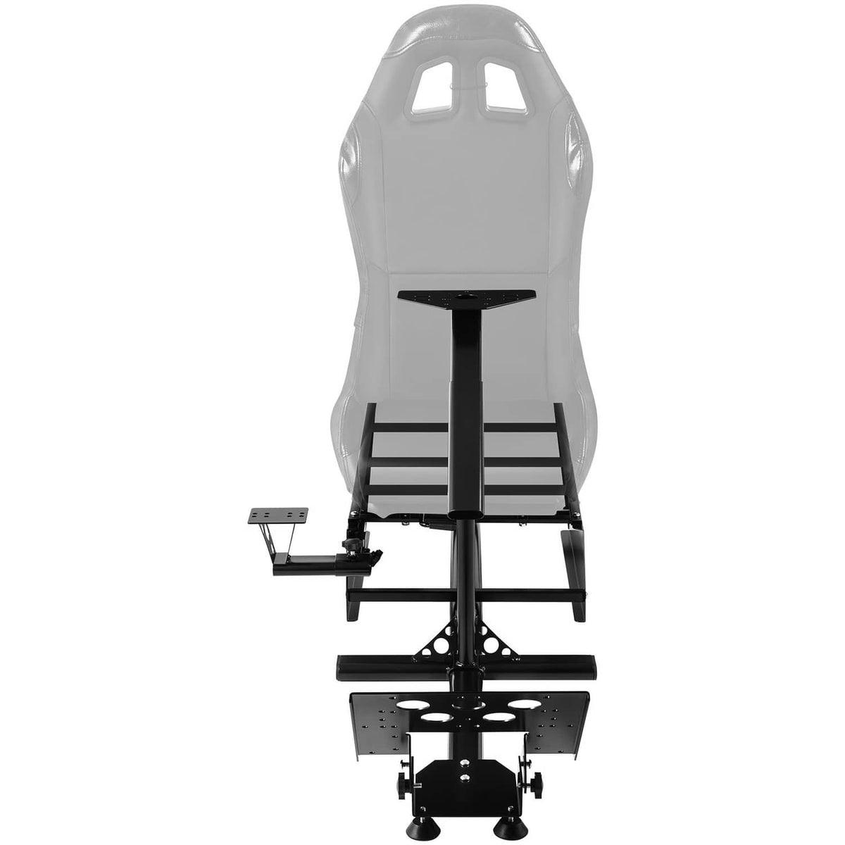 Racing simulator cockpit wheel stand, black metal frame with pedal platform and seat rail