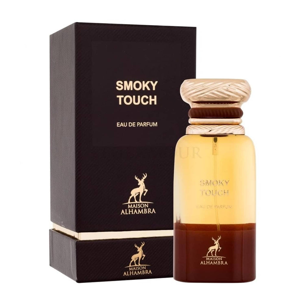 Men’s smoky touch eau de parfum bottle with box; amber glass and gold cap