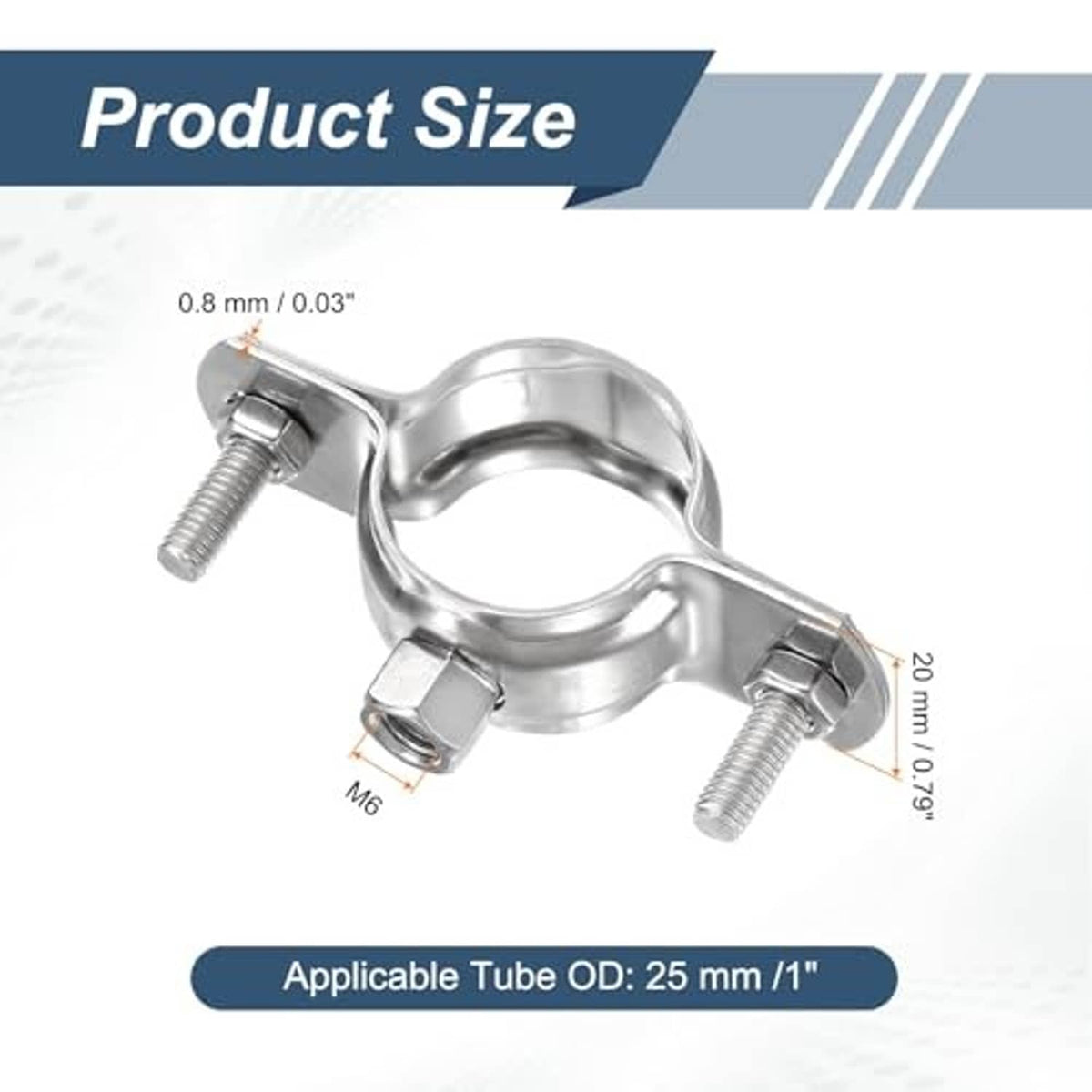 Stainless steel adjustable pipe bracket clamp with M6 bolts and 25mm tube fit