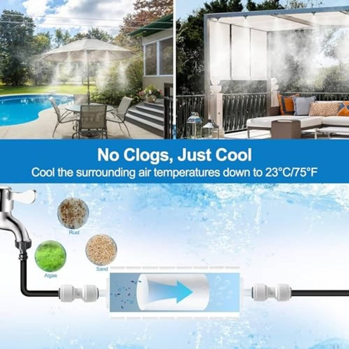 Outdoor misting system spray cooling with filter housing and flow arrow diagram