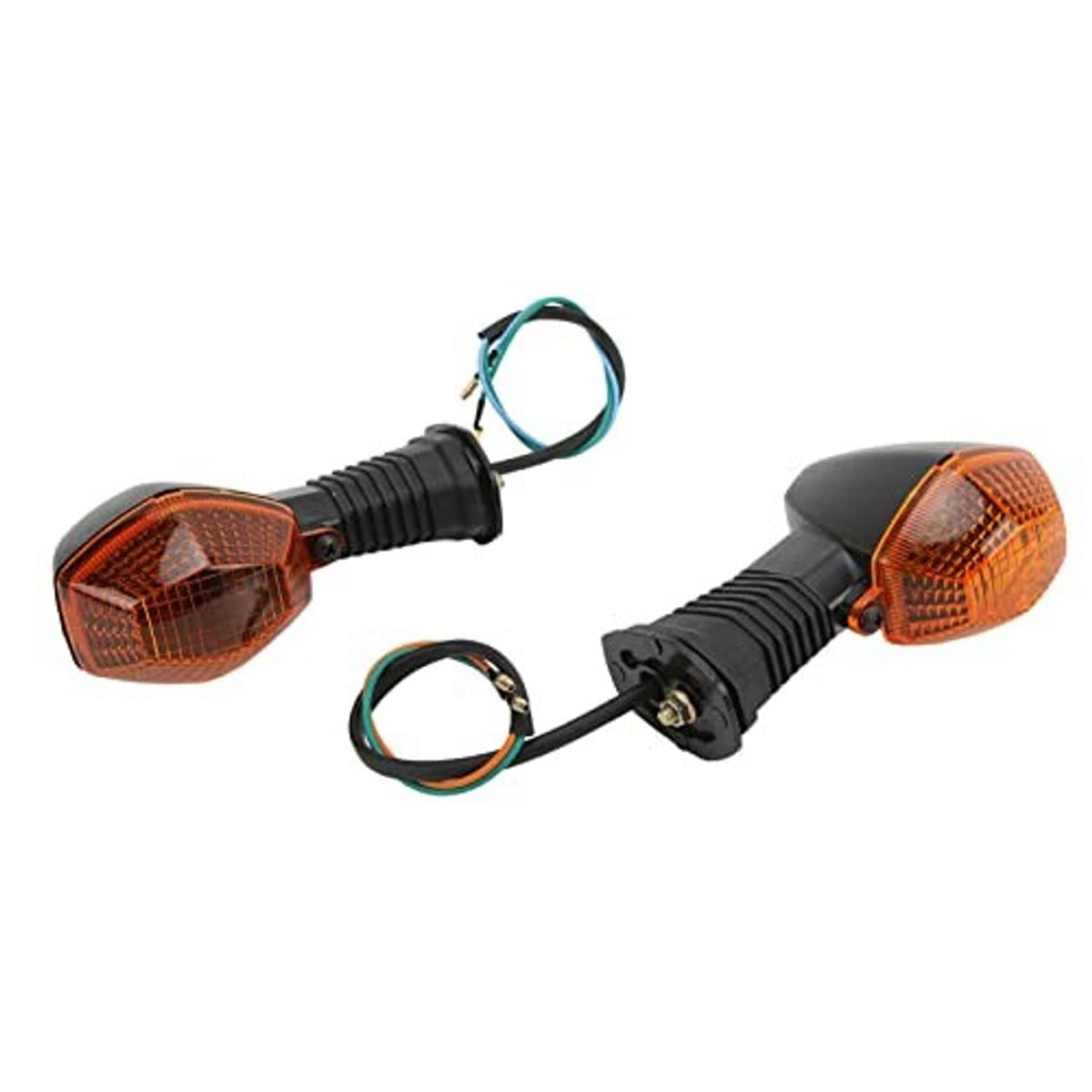 Pair of amber front motorcycle turn signal lamps with black ribbed housings and wire leads
