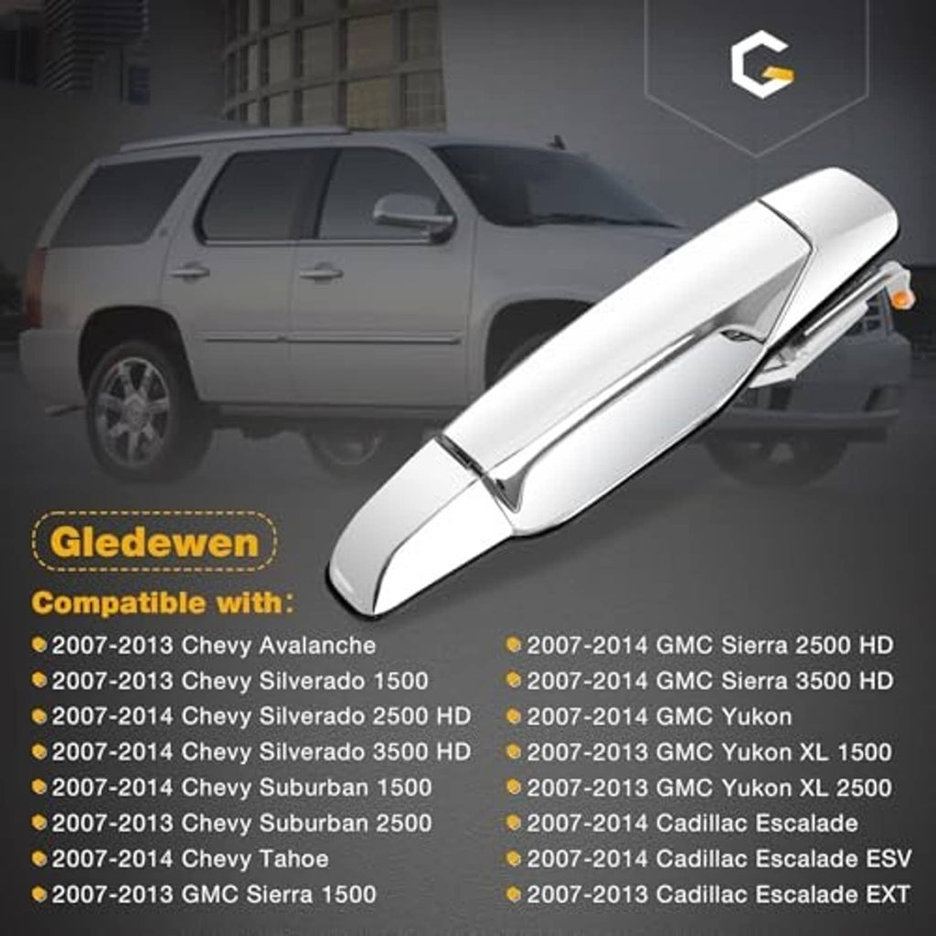 Chrome exterior door handle on vehicle, angled view; compatible fit graphic backdrop.