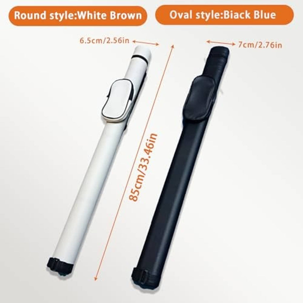 White and dark pool cue cases side by side with end caps and strap loop