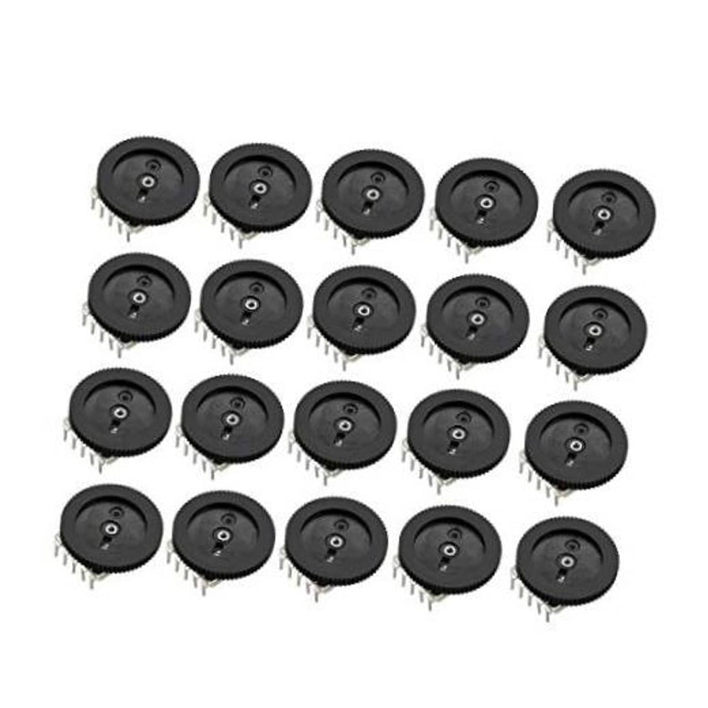 Set of black round dial potentiometer volume control modules with 3-pin connectors