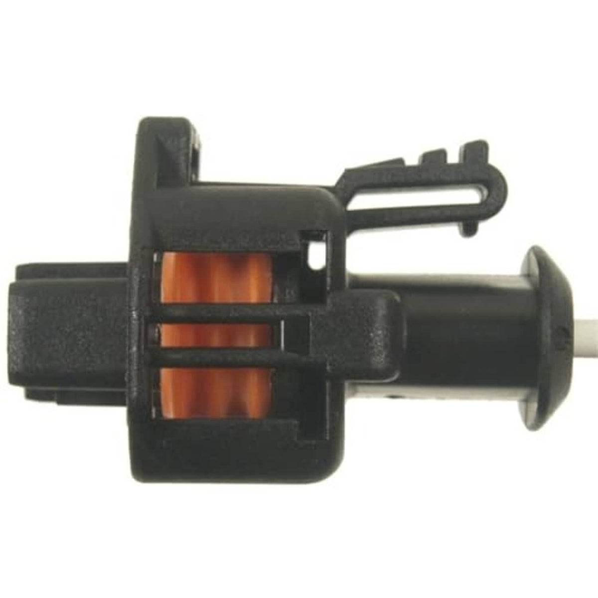 2-pin pigtail wiring harness connector with locking clip, black housing and orange insert